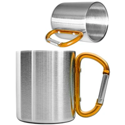 Image of Outdoor Saxx® Camping Mug, Metal Mug with Screw Carabiner Handle, Stainless Steel, Hiking, Trekking, Work, 250ml, Silver(Orange)