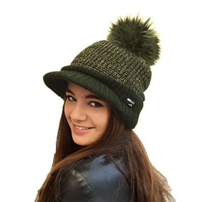 Image of RockJock Ladies Warm Fleece Lined Knitted Peaked Beanie Baseball Cap with Detachable Faux Fur Pompom wear or Without Olive