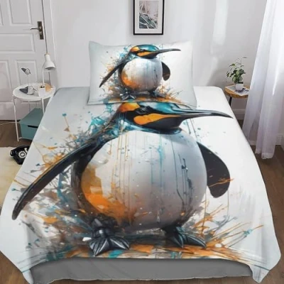 Image of GEEYOU Penguin Bedding Quilt Cover Set 3D Animal Duvet for Kids Boys Girls Comforter Soft Bedspread 3 Piece with Zipper Closure Microfiber Single（135x200cm）