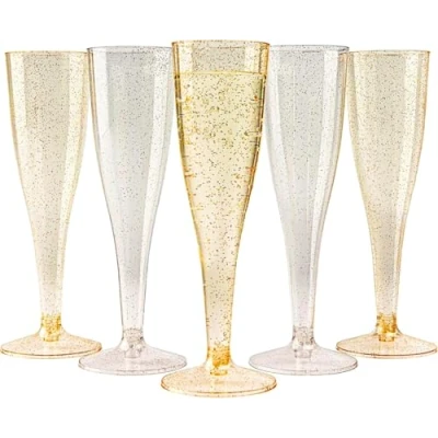 Image of MATANA 48 Premium Plastic Champagne Flutes with Gold &amp; Silver Glitter, 133ml Elegant Reusable Toasting Glasses, Cocktail Prosecco Glasses for Weddings, Birthdays, Christmas, Parties