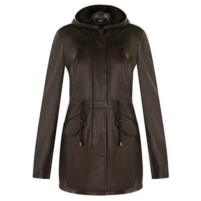 Image of Women&#039;s Brown Leather Hooded Parker Jacket Multi Pocket Trench Coat 3XL