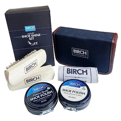 Image of BIRCH Ultimate Shoe Shine Kit 6 Piece Luxury Set with 2x Polishes, Brushes, Microfiber Cloth, Two Tone Case