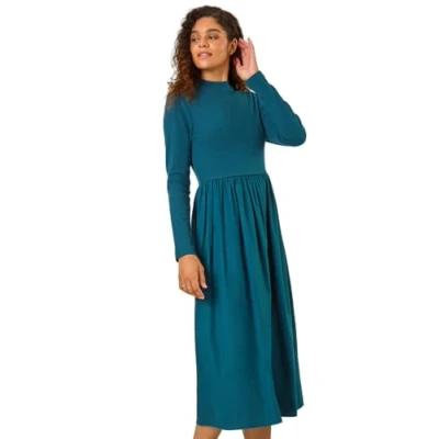 Image of Roman Originals Midi Gathered Dress with Pockets for Women UK Ladies Stretchy Jersey Maxi Round Neck Elasticated High Waisted Boho Flattering Skater Swing Fit Flare Plain Dark Green Size 14