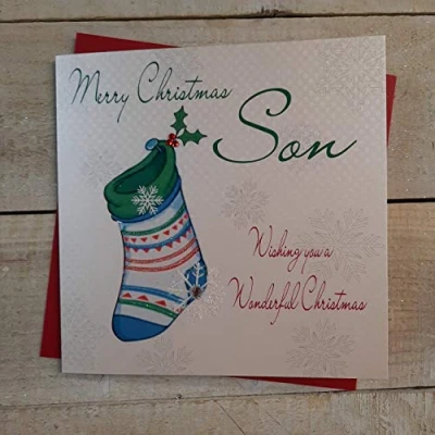 Image of White Cotton Cards Merry Son Handmade Christmas Card (Blue Stocking Code cb17)