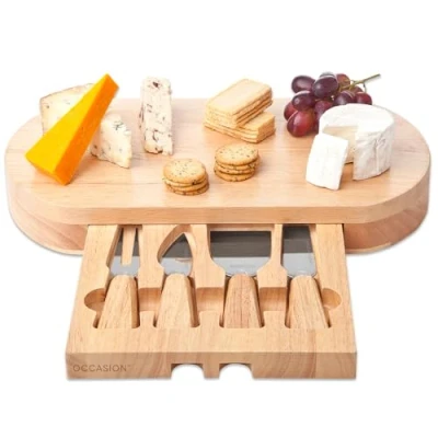 Image of Occasion Natural Wooden Cheese Board Gift Set with Knife Drawer Charcuterie &amp; Wedding Gifts