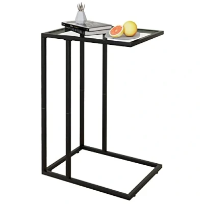 Image of Huhote C Shaped End Table, Glass Side Table for Couch, Sofa with Metal Frame, Couch Living Room, Bedroom, Bedside, Black