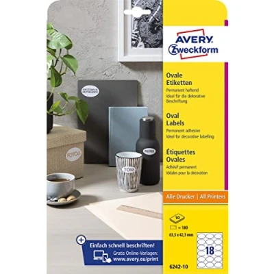 Image of AVERY Zweckform 6242 10 Oval Labels (180 Adhesive Labels, 63.5 x 42.3 mm on A4, Stickers for Printing, Self Product Permanent Jam Labels), Sheets, White