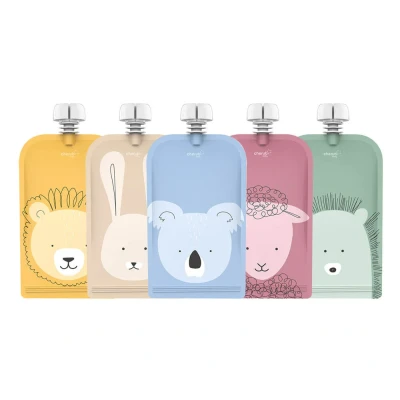Image of Cherub Baby On The Go Reusable Food Pouches 5 Pack Bundle (150ml) BPA and BPS Free, Non Spill Anti Leak, Refillable Snack Pouch Animal Print Set