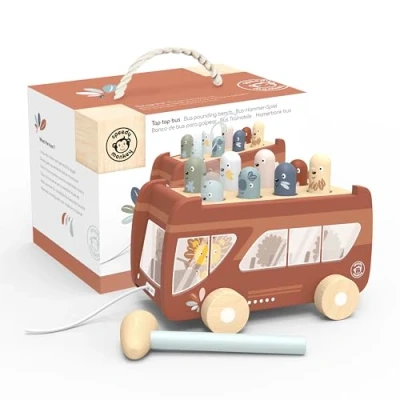 Image of Speedy Monkey Pull Along Bus Pounding Bench Hammering Fun with 8 Wooden Characters Toys for 2 year old Boy &amp; 1 girl gifts Toddler Hand Eye Coordination Safe Non Toxic Paint