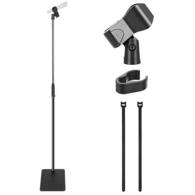 Image of Pyle Square Base Microphone Stand with Mic Clip Heavy Duty, Height Adjustable, 36.2&quot; to 63.38&#039;&#039;, Solid Die Cast Base, Studio &amp; Concert Use, Universal 5/8&#039;&#039; Adapter, Cable Included