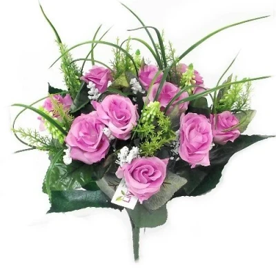Image of 38cm Artificial Silk Pink Rose &amp; Grass Bush with Gyp Foliage 12 flower heads Wedding Grave Home Decoration