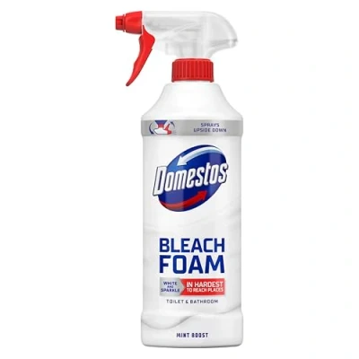 Image of Domestos Mint Boost Bleach Foam sprays upside down for a sparkling clean even in the hardest to reach places 450 ml