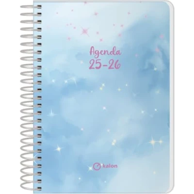 Image of Q Kalon School Planner 2025 2026 Day per Page, A6 Size (12x17 cm), Spanish and English, September to June, Spiral Binding, Flexible Cover with Protective Plastic Sky