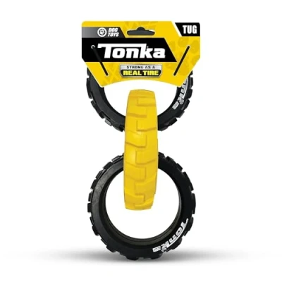 Image of Nerf Dog Rubber 3 Ring Tug Toy, Lightweight, Durable and Water Resistant, 10.5 Inches, for Medium/Large Breeds, Single Unit, Yellow/Black