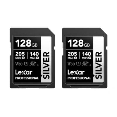 Image of Lexar Professional SILVER SD Card 128GB 2 Pack, Up to 205MB/s Read, 140MB/s Write, SDXC UHS I Memory Card, Class 10, U3, V30, for Photographers, Videographers, Enthusiasts