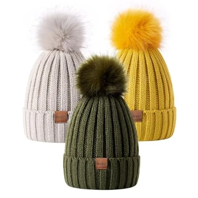 Image of MSDC Beanie Hats for Women 3 Pack with Pom Pom, Bobble Hat Fashion Knit Warm Skull Cap, Winter Cold Weather(Oatmeal+Army Green+Yellow)