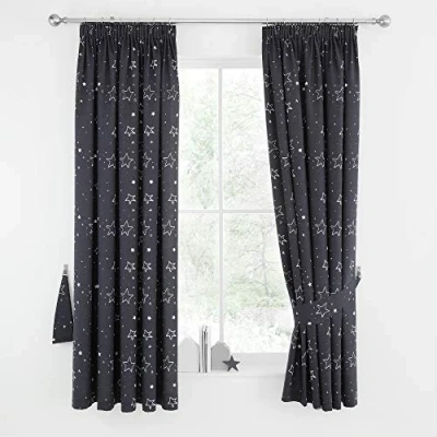 Image of Happy Linen Company Boys Girls Kids Cosmic Stars Space Navy Blue 66&quot; x 54&quot; Fully Lined Pencil Pleat Curtain Set