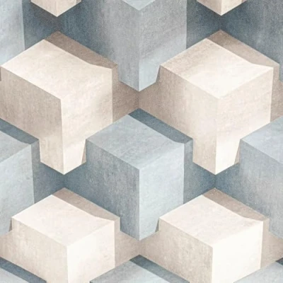 Image of SOPHIE LAURENCE Blue Grey 3D Cube Damask Textured Wallpaper Thick Vinyl, 10.05m x 0.53m, Non Pasted, Washable, Strippable, Rustic Style, Made in France