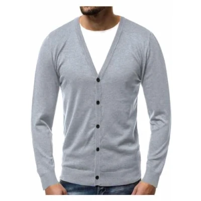 Image of Men Knitwear Spring Autumn Thin Cut Knit Sweater Slim Fit V Neck Knitted Jacket Button Placket Casual Cardigan E Light Grey 3XL
