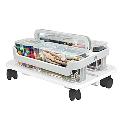 Image of Deflecto Stackable Caddy Organiser and Wheelbase Bundle, 4 x Organisers, 1 Wheelbase, Craft Storage