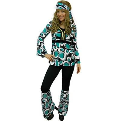 Image of Yummy Bee Hippie Costume Women 60s Fancy Dress for 70s Flower Power Ladies Plus Size (Turquoise, 18)