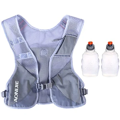 Image of Reflective Hydration Pack Backpack Running Vest Marathon Runner Rucksack Cycling for Men &amp; Women (Grey with 2 250 Water Bottles)