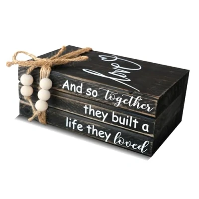 Image of GNIYNAY Black Wood Book Stack Home Decor Farmhouse Stacked Books Coffee Table Faux Mantle Fireplace Decoration And So Together They Built A Life Loved Sign