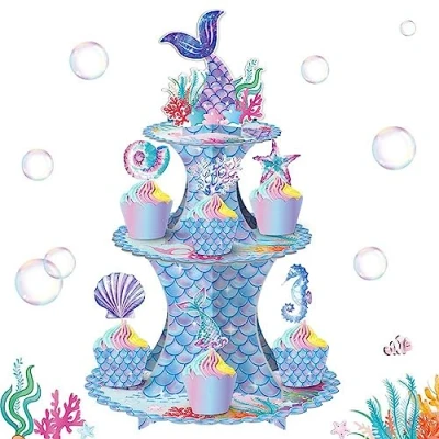 Image of Mermaid Cake Stand 3 Tier Cardboard Cupcake Stands Party DecorationsMermaid Dessert Arrangement Afternoon Tea