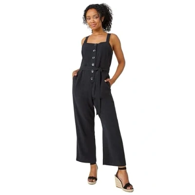 Image of Roman Petite Sleeveless Linen Blend Jumpsuit for Women UK Ladies Spring Everyday Summer Holiday Bandeau Neckline Comfy Strappy Soft Button Detail Playsuits Black Size 18