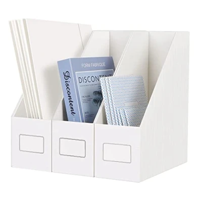 Image of JiaWei Pack of 3 Magazine File Holders, 10.5 cm Wide, Made 1800 g/m² Extra Sturdy Cardboard, A4 Document &amp; Rack, for Storing Books Office Supplies White