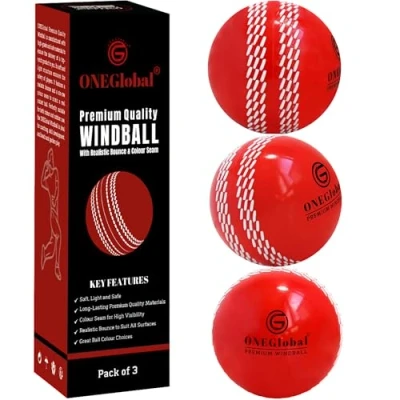Image of ONEGlobal Premium Windball Soft Cricket Ball Durable Materials, Realistic Colour Seam, True Bounce &amp; Swing Wind Balls for Outdoor Indoor Practice, Coaching, Garden Beach Games