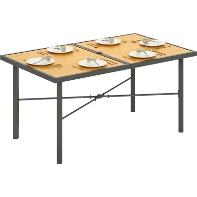 Image of Outsunny Garden Table for 6, Outdoor Dining with 5cm Umbrella Hole, Wood Effect Top, Rust Resistant Frame, Patio, Balcony, Terrace, 150 x 90 cm