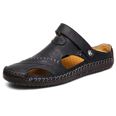 Image of Mens Wide Fit Sandals,Hand Stitching Comfort Soft Lightweight Non Slip Outdoor Leather Sandals Black 11.5 UK
