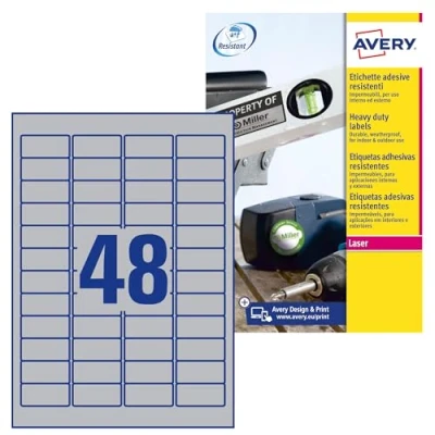 Image of AVERY Zweckform L6009 100 Name Plate Foil Labels (4,800 Stickers, 45.7 x 21.2 mm on A4, Strong Self Adhesive, Heavy Duty, Weatherproof, Printable Adhesive Film, Blank) Sheets, Silver