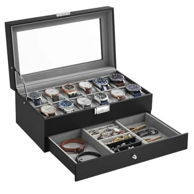 Image of SONGMICS Watch Box, Glass Lid, 2 Levels, 12 Watches, Lockable, 1 Drawer, Rings, Bracelets, Black Coating and Grey Lining JWB012G01
