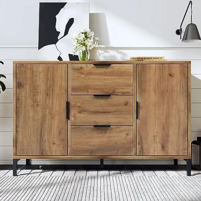 Image of Merax Sideboard Cabinet: Versatile 2 Door, 3 Drawer Chest with Adjustable Shelf Large Wicker Fronted Storage Unit for Lounge &amp; Hallway 40D x 120W 76H cm Dark Oak Color
