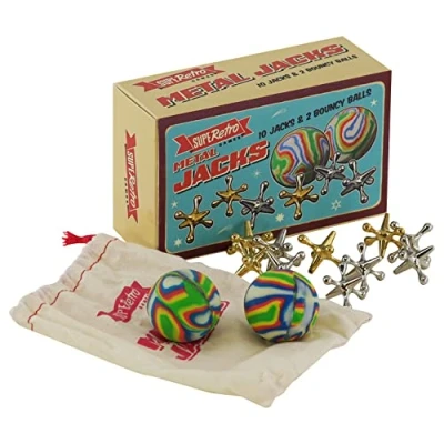 Image of The Magic Toy Shop Retro Jacks Game Classic Knucklebones Fivestones with 10 Metal Crosses and 2 Balls Kids Party Bag Filler