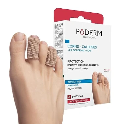 Image of PODERM TOE/CORNS PROTECTION TUBES PATENTED ARNICA GEL Immediate Pain Relief Prevents Calluses 100% Natural Active Ingredients Proven Effectiveness Swiss Lab