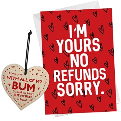 Image of Red Ocean Funny Anniversary Valentines Card Gift For Him Or Her And WOODEN HEART Husband Wife Boyfriend Girlfriend
