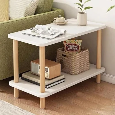 Image of Rainbow Tree Slim 2 Tier Coffee Table Sofa Side White for Living Room, Modern Narrow End Bedside Tables Dinner Wooden with Solid Legs