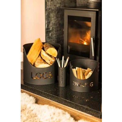 Image of Marco Paul Log, Kindling and Matchstick Holder Set Fireside Accessories for Home Fireplace Management Black Metal Bucket Indoor Fire Equipment Wooden Log