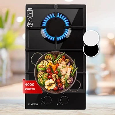 Image of Klarstein Gas Cooker, 2 Burners Hob, 4000W Built In Two Ring Electric Campervan Cooktops Cookers, Stainless Steel Glass Top Wok Burner, Kitchen Stoves LPG Cooker Units