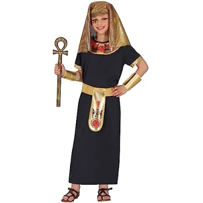 Image of FIESTAS GUIRCA Black Pharaoh Boys Fancy Dress Costume Egyptian King Tunic with Golden Headpiece Kids Costumes 7 9 years