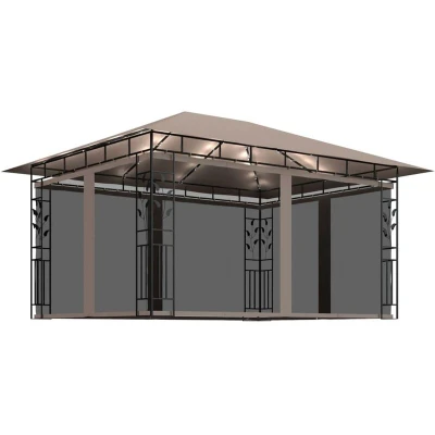Image of vidaXL Gazebo with Mosquito Net&amp;LED String Lights 4x3x2.73 m Taupe