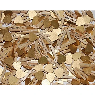 Image of celloexpress Packs of 25 30mm Love Hearts on Mini NATURAL Wooden Craft Pegs Colour Choice and Pack Quantity (Gold)