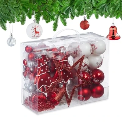 Image of Relaxdays 103x Christmas Ornaments, Plastic, Tree Decor, Balls, Bells, Lace &amp; Beads, Glittery, Matt Shiny, Red/White, 19 x 20 2.5 cm