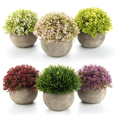 Image of T4U Plastic Artificial Plants Fake Mini Fresh Grass with Pots Colorful Lifelike for Home/Office Decor Pack of 6
