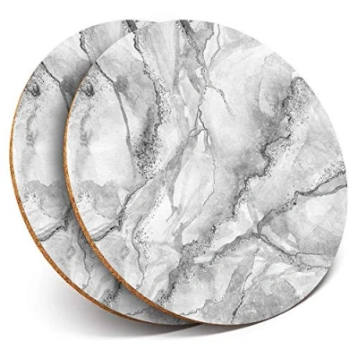 Image of 2 x Round Coasters Grey White Marble Effect Pattern Cork Backed Home Kitchen Accessory Tea Coffee Mug Mat #43767