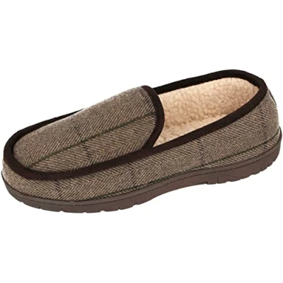 Image of Jo &amp; Joe Mens Wide Fit Tweed Faux Sheepskin Moccasin Full Slippers Brown 8