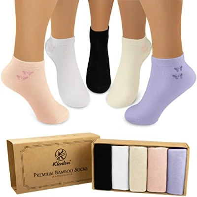 Image of Womens Trainer Bamboo Socks, Low Cut Ladies Casual Ankle Socks with Smooth Toe Seam, Breathable Sneaker Planet Friendly Packaging, Pack of 5, Size UK 4 7 (Black, Purple, Orange, Yellow, White)